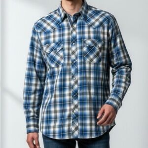 Wrangler western snap up shirt Blue plaid Pearlized snaps Long sleeves Mens XL
